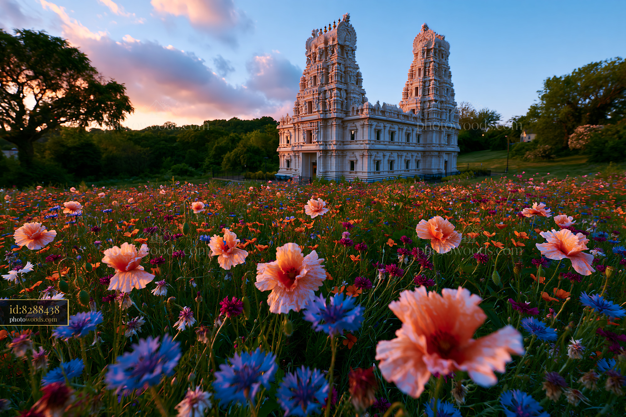 Wildflower Field With Blooming Cornflowers and Poppies Near Temple
