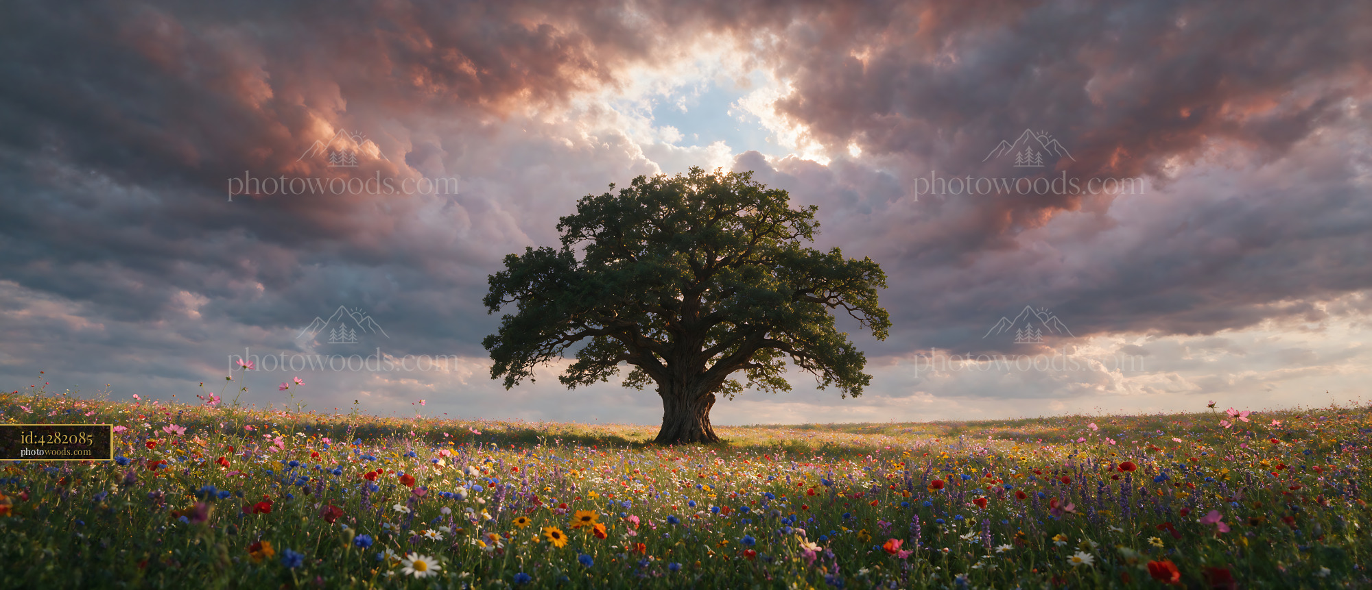 Wildflower Meadow With Oak Tree Under Cloudy Sky