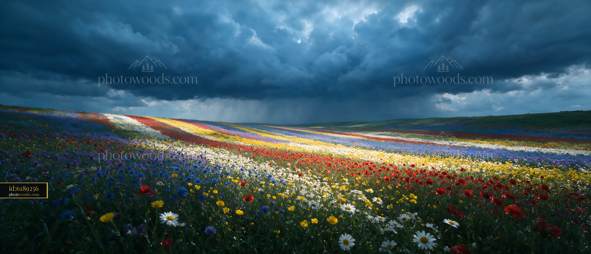 Wildflowers Blooming in a Colorful Field Under Dark Clouds