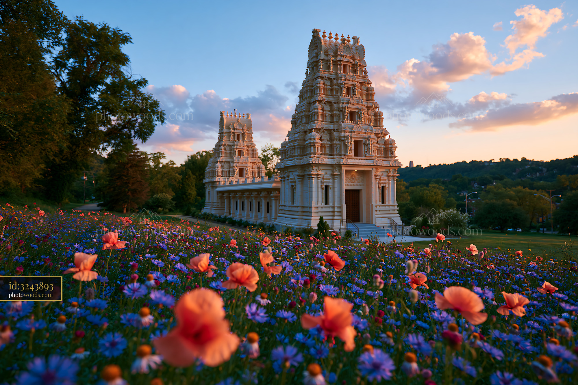 Wildflowers With Sri Venkateswara Temple in Pittsburgh at Sunset