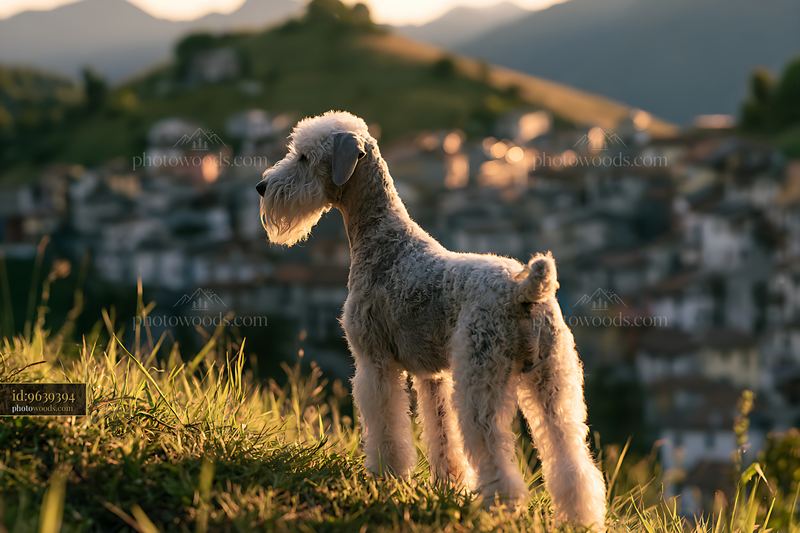 Wirehaired dog on a grassy hill overlooking a town at sunset