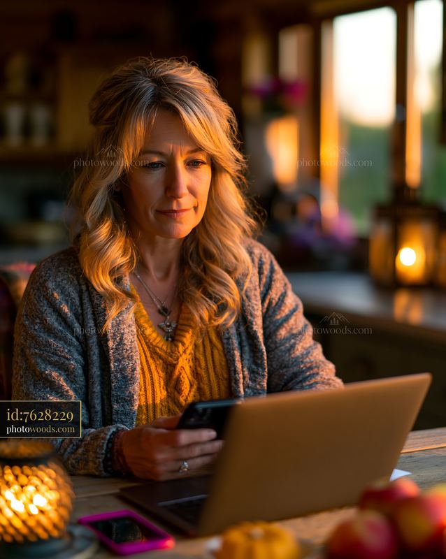 Woman Arranging Digital Estate Documents in Sunset Light
