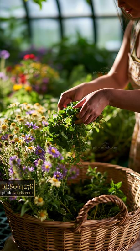Woman gathering herbs and flowers into a handwoven basket