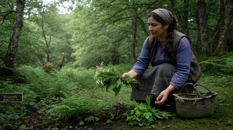 Woman in heritage attire gathering herbs in a forest