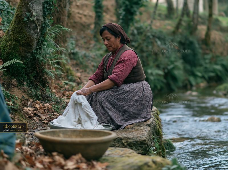 Woman washing white linens beside a forest stream