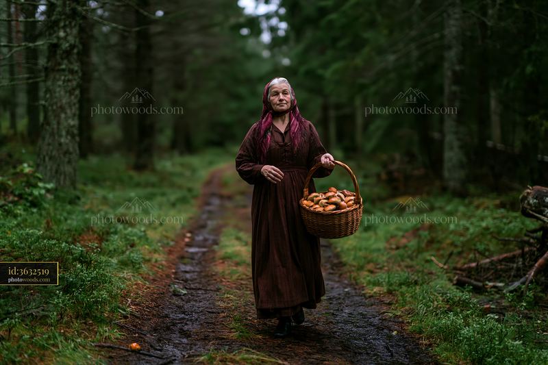 Woman in traditional dress holding a basket of mushrooms in forest