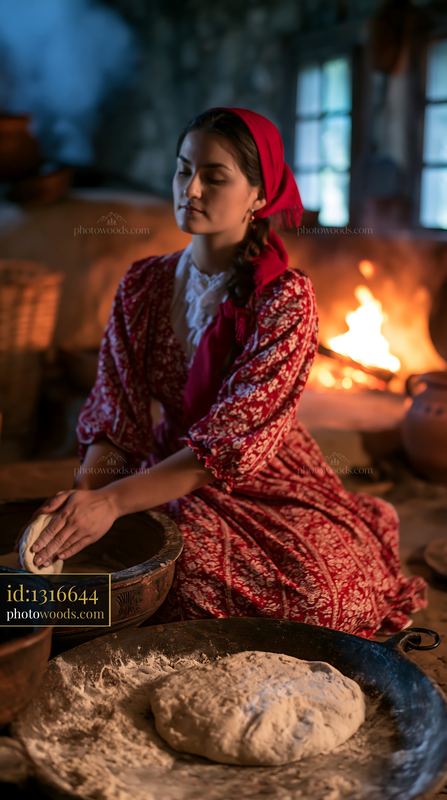 Woman kneading bread dough in a rustic kitchen