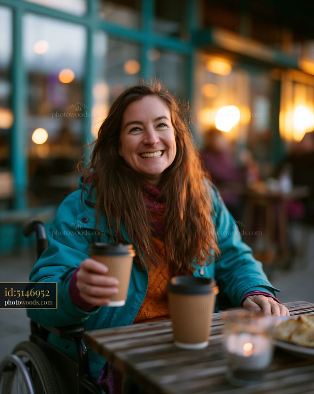 Woman in Wheelchair Enjoying Coffee at Outdoor Cafe in Autumn