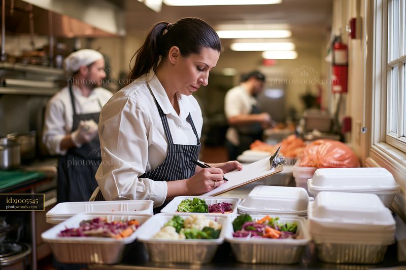Catering worker packing prepared food into takeaway containers