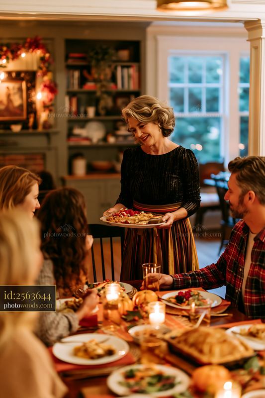 Family holiday dinner with woman serving food at home