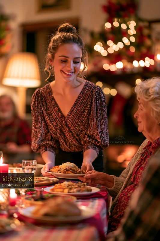 Woman serving dinner to family at a Christmas table