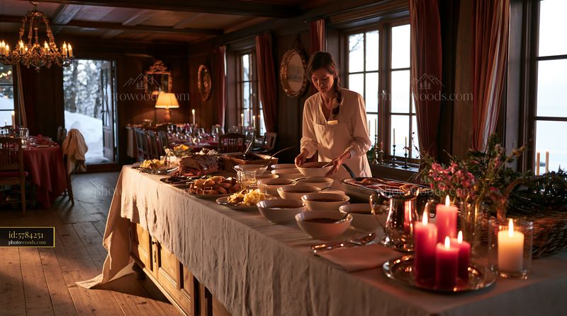 Rustic buffet table set for a candlelit dining gathering