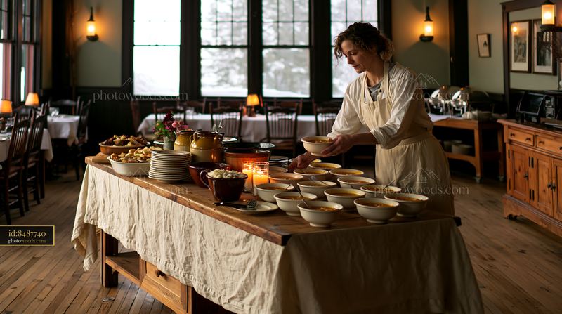 Woman serving soup at a rustic wooden buffet