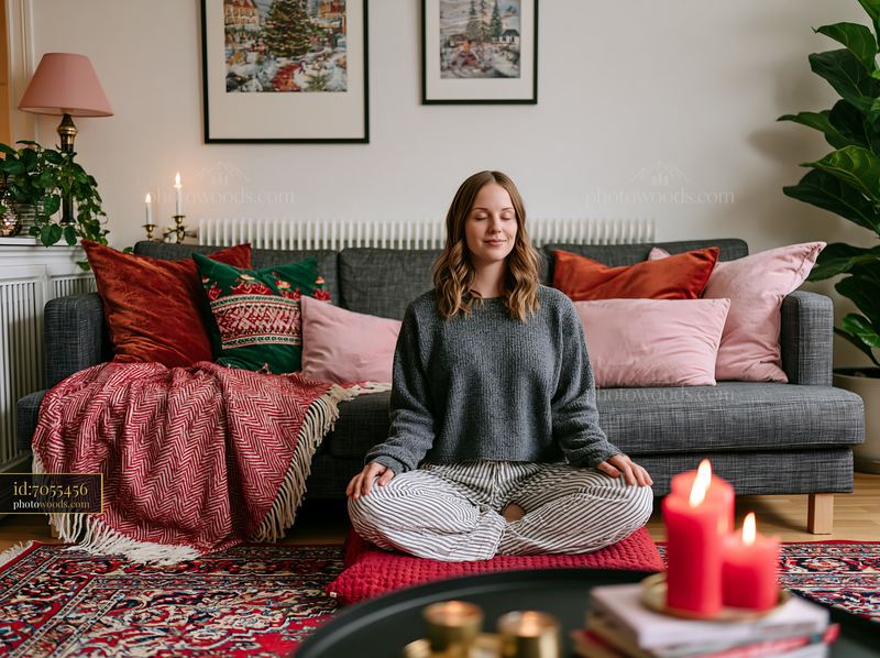 Woman Relaxing in a Festive Living Room with Sofa and Pillows