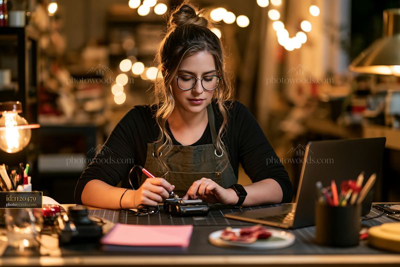 Woman writing at a creative work desk beside a laptop