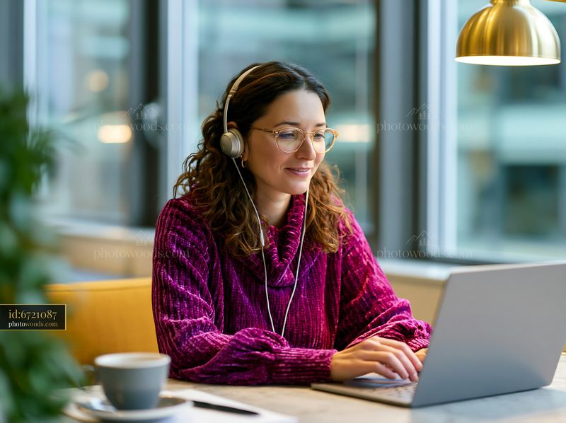 Woman Working on Laptop with Headphones in Modern Office