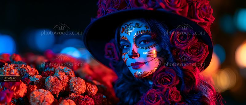 Woman With Calavera Makeup Wearing Flowers in a Dark Setting