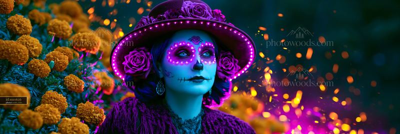 Woman With Rose Patterned Face Paint Surrounded by Marigolds