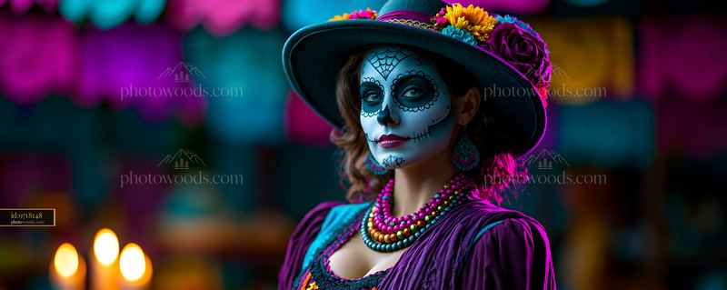 Woman With Silver Calavera Makeup at a Vibrant Celebration