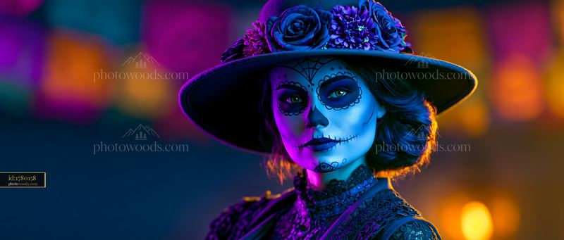 Woman With Silver Calavera Makeup Posing in Vibrant Setting