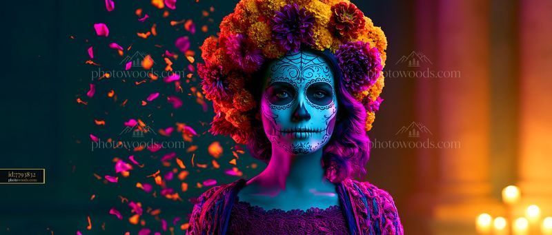 Woman With Skull Makeup and Flower Crown in Vibrant Setting