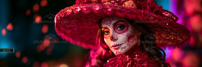 Woman With White and Red Sugar Skull Face Paint at Festival