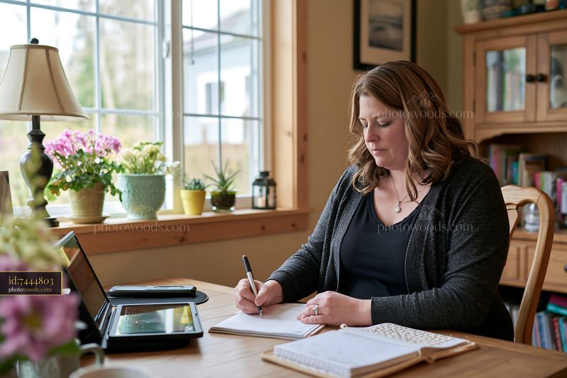 Woman writing a gift list at a desk in a bright home