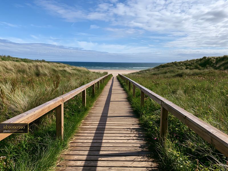 Wooden boardwalk through coastal meadow to sandy beach