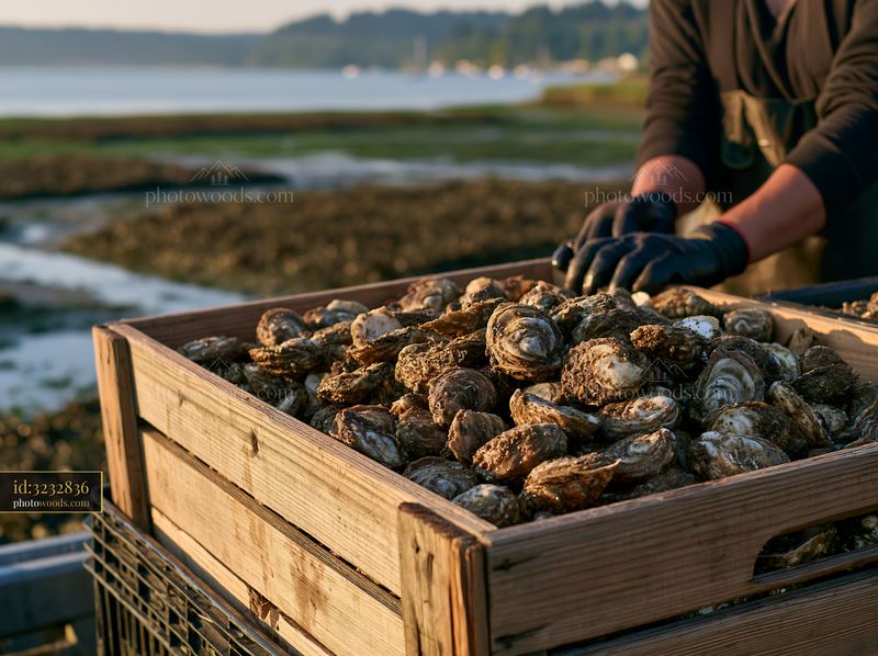 Harvesting oysters on a coastline with oyster beds