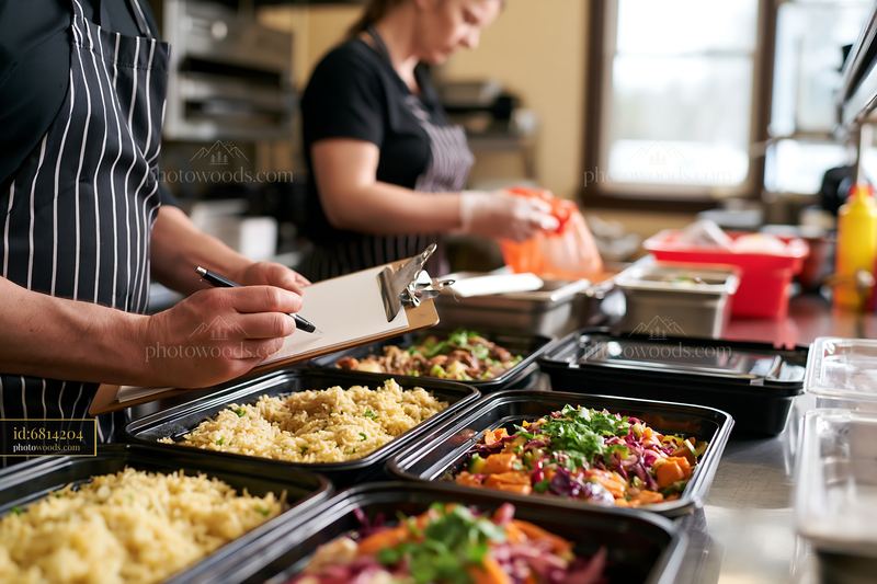 Buffet leftovers packed for donation in a food preparation setting