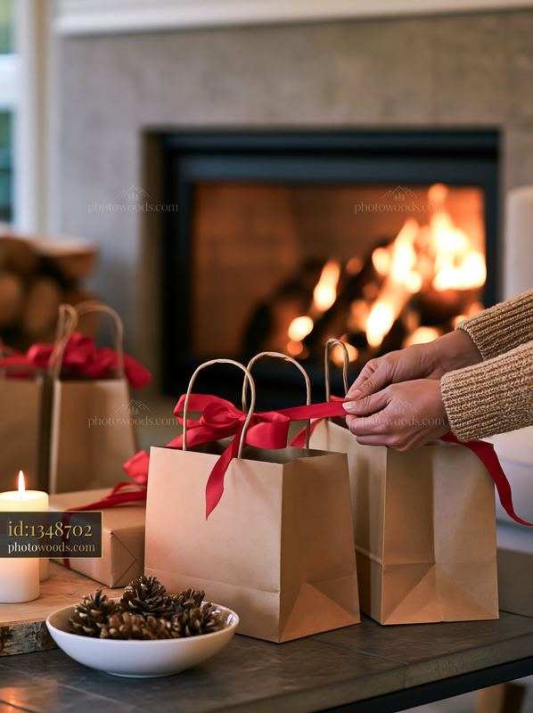 Holiday shopping bags beside fireplace with lit candles