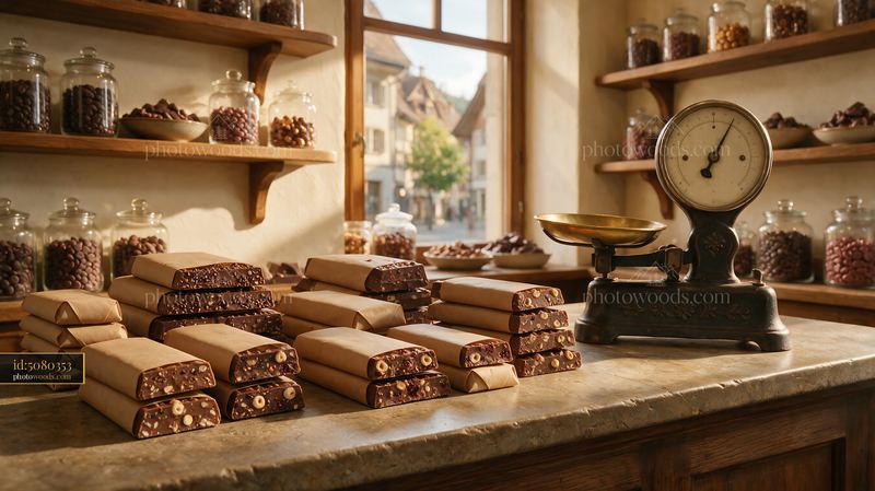 Swiss chocolate shop interior with wrapped nut chocolate bars