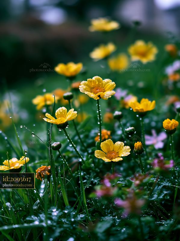 Urban meadow with yellow flowers and green grass