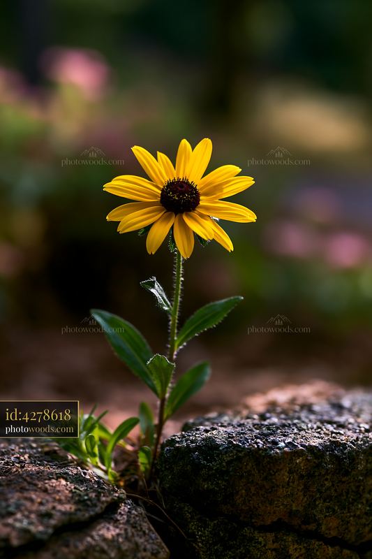 Rudbeckia flower blooming among rocks in sunlight
