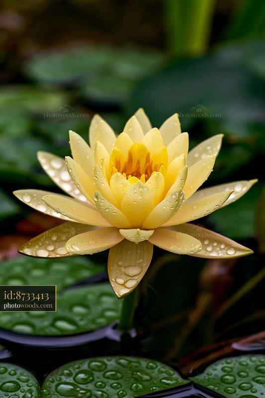 Yellow water lily blooms in a small pond surrounded by leaves