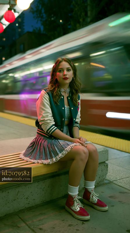 Young Woman in Varsity Jacket Sitting at Train Station