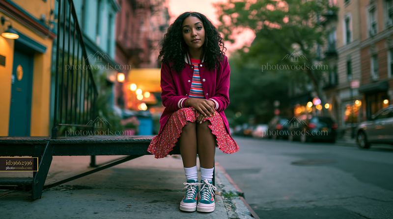 Young Woman in Varsity Jacket Sitting on Street at Sunset