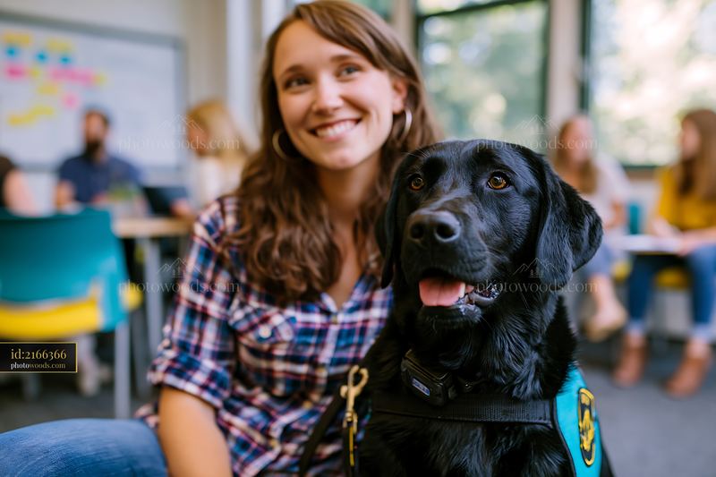Young Woman Smiles Beside Service Dog in Indoor Setting