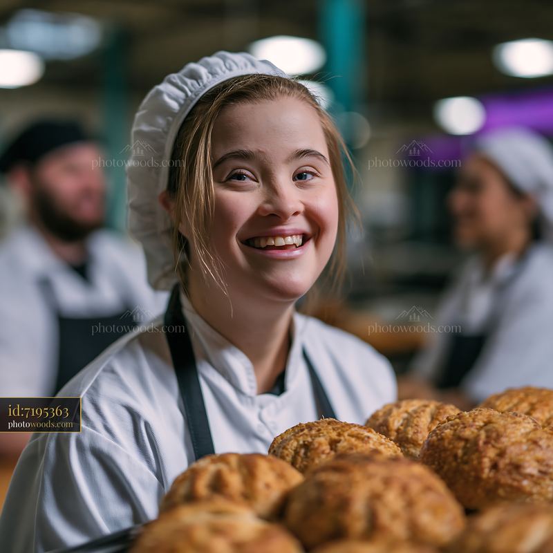 Young Woman With Down Syndrome Baking Bread in a Bakery Setting