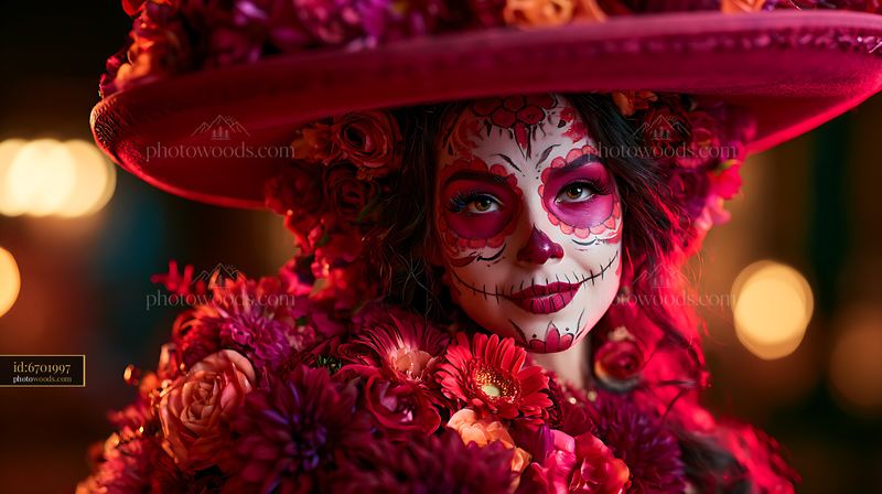 Young Woman With Skull Makeup and Floral Hat in Vibrant Setting