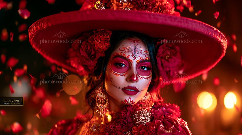 Young Woman With Skull Makeup and Red Flowers in Festive Setting