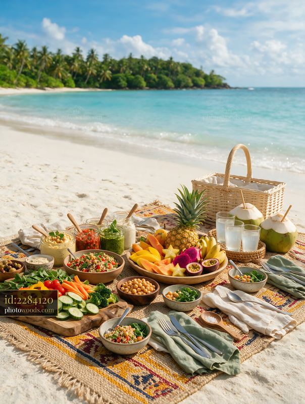 Beach picnic buffet on a sandy shore with tropical backdrops