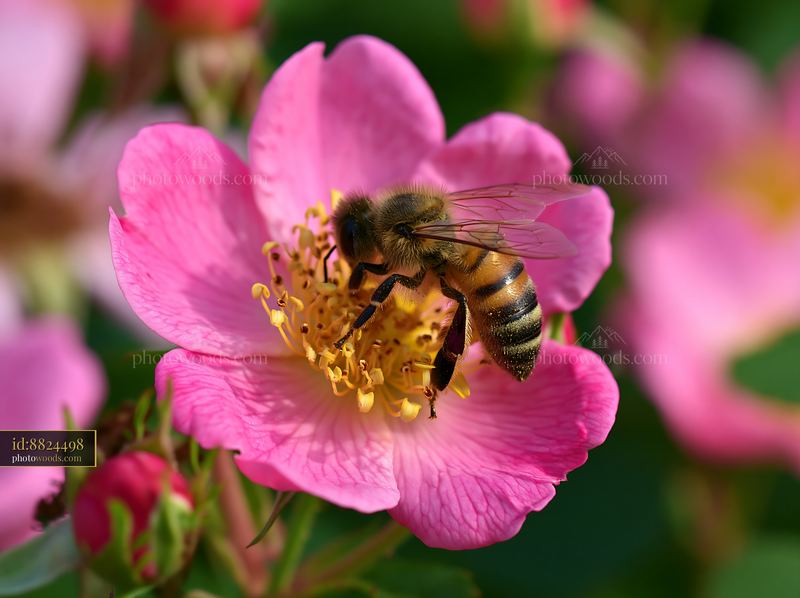 Cottage garden with blooming roses and a bee