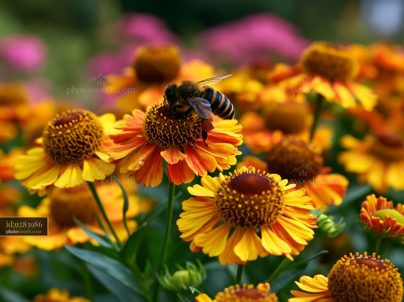 Close-up of a bee collecting nectar from colorful flowers