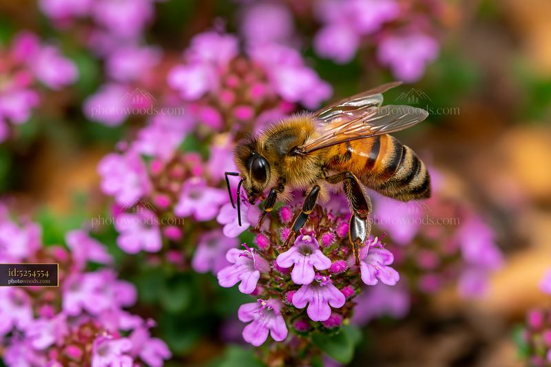 Bees collecting nectar from thyme flowers between stones