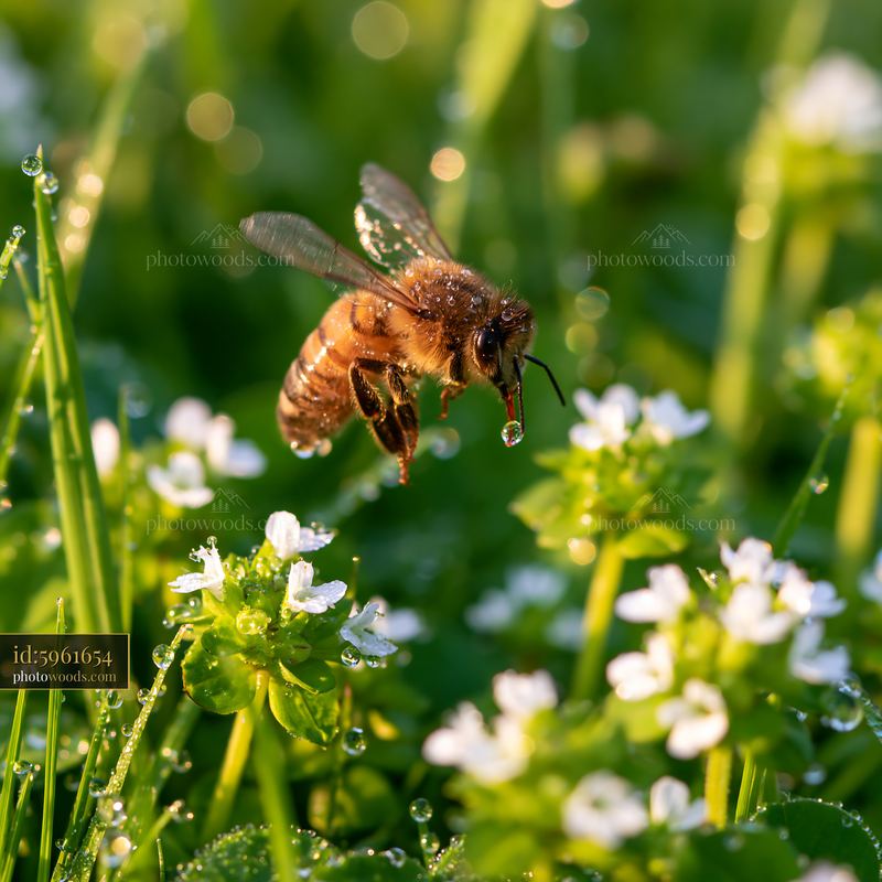 Bee hovering above dew-covered meadow grass and small flowers