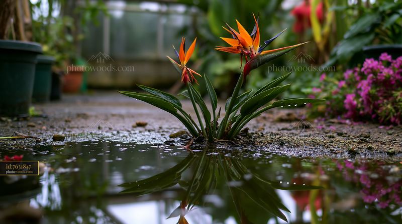 Blooming bird of paradise flower in a greenhouse setting