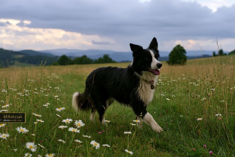Storm clouds over meadow with a dog walking among flowers