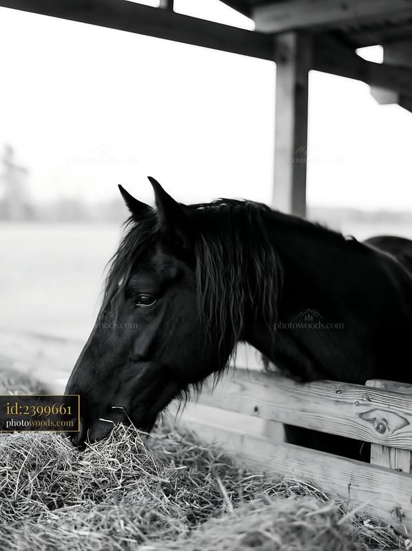Horse eating hay in a barn setting