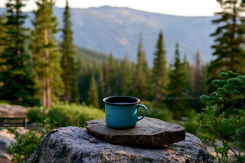 Pine forest overlooking mountain range with coffee cup on rock